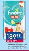 Pampers Pants Jumbo Pack Size3 Midi 66's,Size4 Maxi 60's,Size5 Junior 50's, Size6 XL 44's-Per Pack