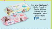  Johnson's Cotton Touch Or Gentle All Over 72 Baby Wipes-Per Pack