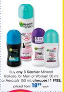 Garnier Mineral Roll Ons For Men Or Women 50ml Or Aerosols 150ml-Each
