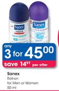 Sanex Roll On For Men Or Women-3X50ml