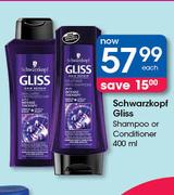 Schwarzkopf Gliss Shampoo Or Conditioner-400ml Each