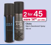 Clicks Men's Deodorant Spray-2x150ml Per Offer