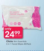 Clicks Skin Essentials 3 In 1 Facial Wipes 40 Pack-Per Pack
