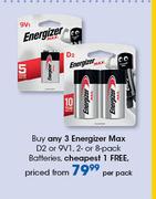 Energizer Max D2 Or 9V 1,2 Or 8 Pack Batteries-Per Pack