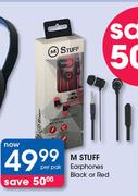 M Stuff Earphones (Black or Red)-Per Pair