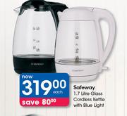 Safeway 1.7 Litre Glass Cordless Kettle With Blue Light-Each