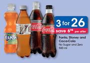 Fanta, Stoney & Coca Cola No Sugar & Zero-3 x 500ml