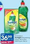 Sunlight Dishwashing Liquid 750ml + Refill Pouch 750ml-Per Offer