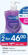 Clicks Hygiene Sensitive Hand Wash-2x500ml Per Offer