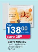 Baby's Naturally Up To 1kg Preterm Unisex Nappies-32's Per Pack