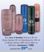 Yardley Roll-Ons-50ml, Body Sprays-90ml,Deodorants-125ml Or Body Lotions-400ml For Men Or Women-Each