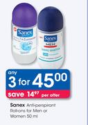 Sanex Anti Perspirant Roll-Ons For Men Or Women-3 x 50ml