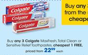 Colgate Maxfresh, Total Clean Or Sensitive Relief Toothpastes-Each