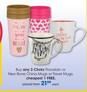 Clicks Porcelain Or New Bone China Mugs Or Travel Mugs-Each