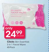 Clicks Skin Essentials 3 In 1 Facial Wipes 40 Pack-Per Pack