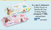Johnson's Cotton Touch Or Gentle All Over 72 Baby Wipes-Per Pack