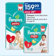 Pampers Active Baby Pants Value Pack Midi 52,Maxi 46,Junior 40 Or X Large 35-Per Pack