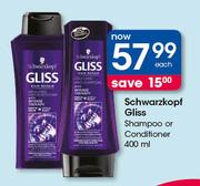Schwarzkopf Gliss Shampoo Or Conditioner-400ml Each
