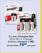 Energizer Max D2 Or 9VI 2 Or 8 Pack Batteries-Per Pack
