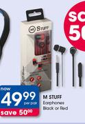 M Stuff Earphones Black or Red-Per Pair