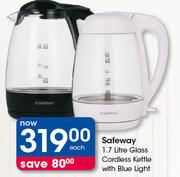 Safeway 1.7Litre Glass Cordless Kettle With Blue Light-Each