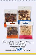 Clicks Nuts Or Fruit & Nut Mix 30g-Per Pack