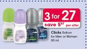 Clicks Roll-On For Men Or Women 50ml-For 3 Per Offer