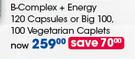 GNC B-Complex + Energy 120 Capsules Or Big 100, 100 Vegetarian Caplets-Per Pack