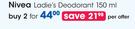 Nivea Ladies Deodorant-2x150ml Per Offer