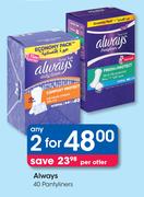 Always Pantyliners-Any 2x40 Per Offer