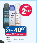 Dove Aerosol For Men Or Women-2x150ml Per Offer