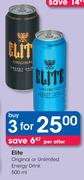 Elite Original Or Unlimited Energy Drink-3X500ml