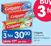 Colgate Toothpaste Herbal Or Regular-3x100ml Per Offer