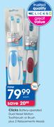 Clicks Battery-Operated Dual Head Motion Toothbrush Or Brush Plus 2 Replacement Heads-Each