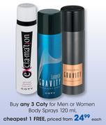 Coty For Men Or Women Body Sprays-120ml Each