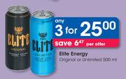 Elite Energy Original Or Unlimited-3x500ml Per Offer