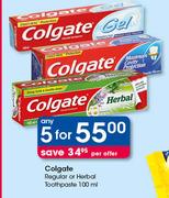 Colgate Regular Or Herbal Toothpaste-Any 5x100g