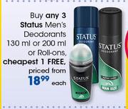 Status Men’s Deodorants 150ml Or 200ml Or Roll Ons-Each