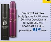 Yardley Body Sprays For Women-150ml Or Deodorants For Men 250ml-Each