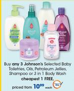 Johnson's Selected Baby Toiletries, Oils, Petroleum Jellies, Shampoo Or 3 In 1 Body Wash-Each