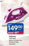 Safeway 1600 Watt Steam & Spray Iron Stainless Steel Soleplate-Each