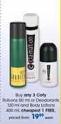 Coty Roll Ons 50ml Or Deodorant 120ml And Body Lotions 400ml-Each
