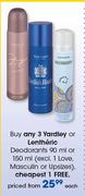 Yadley Lentheric Deodorant-90ml Or 150ml Each