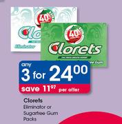 Clorets Eliminator Or Sugarfree Gum Packs-3 Per Offer