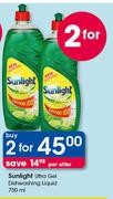 Sunlight Ultra Gel Dishwashing Liquid-2x750ml Per Offer