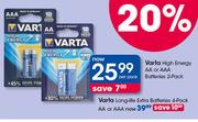 Varta High Energy AA Or AAA Batteries -2 Packs Per Pack