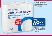 Clicks Pay Less 2 Ply Toilet Paper 18 Rolls-Per Pack