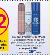 Yardley Or Lentheric Deodorants-90ml Or 150ml Aerosols Or Body Sprays-Each