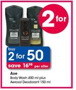 Axe Body Wash-400ml Plus Aerosol Deodorant-150ml-For 2