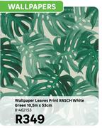 Rasch White Green Leaves Print Wall Paper 10.5m x 53cm 81462153